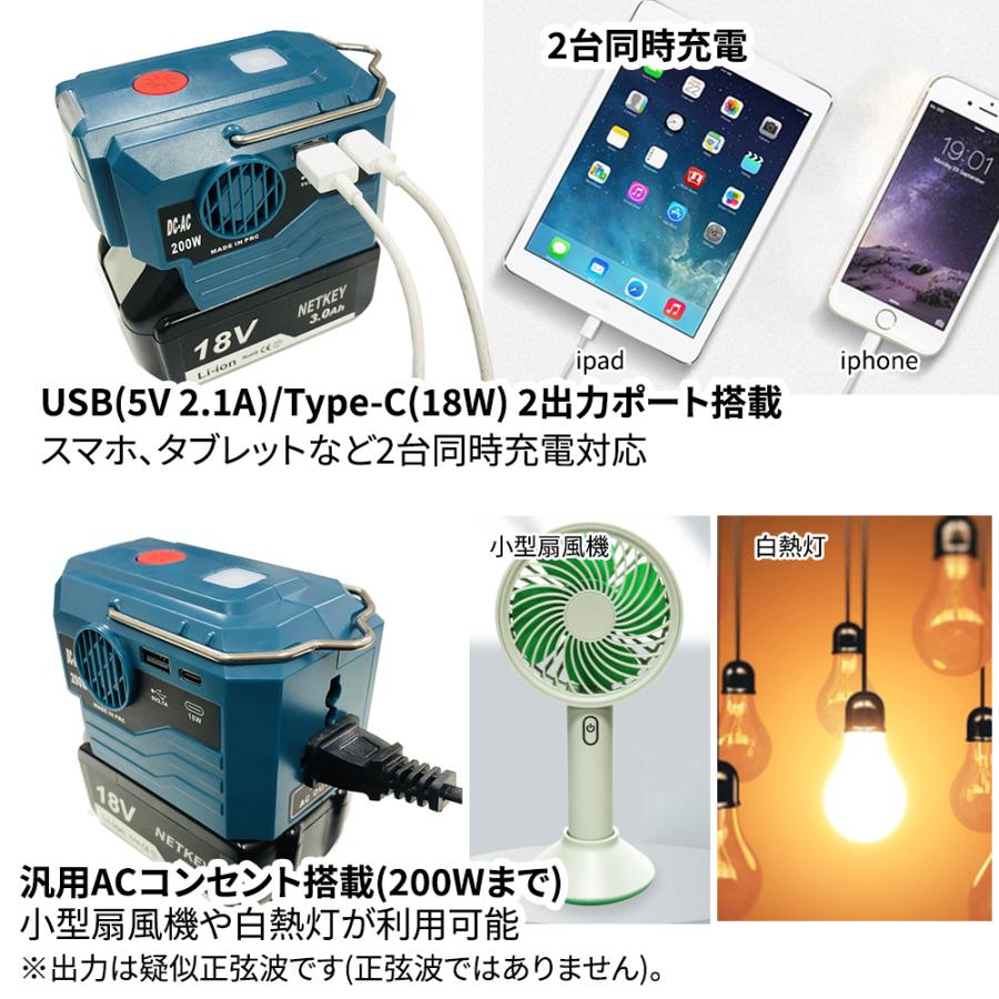 マキタバッテリー用インバーター ポータブル電源 200W DC18VからAC110V