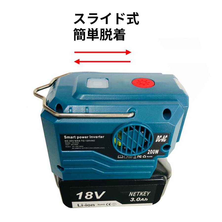 マキタバッテリー用インバーター ポータブル電源 200W DC18VからAC110V