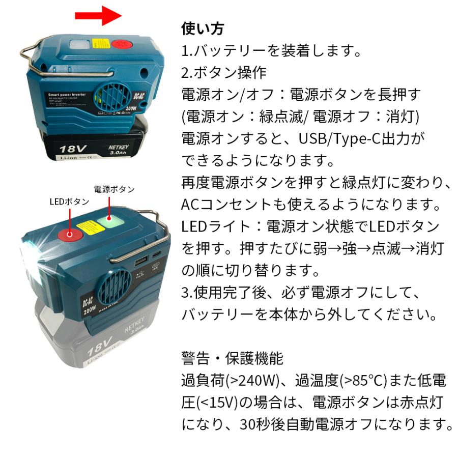 マキタバッテリー用インバーター ポータブル電源 200W DC18Vから
