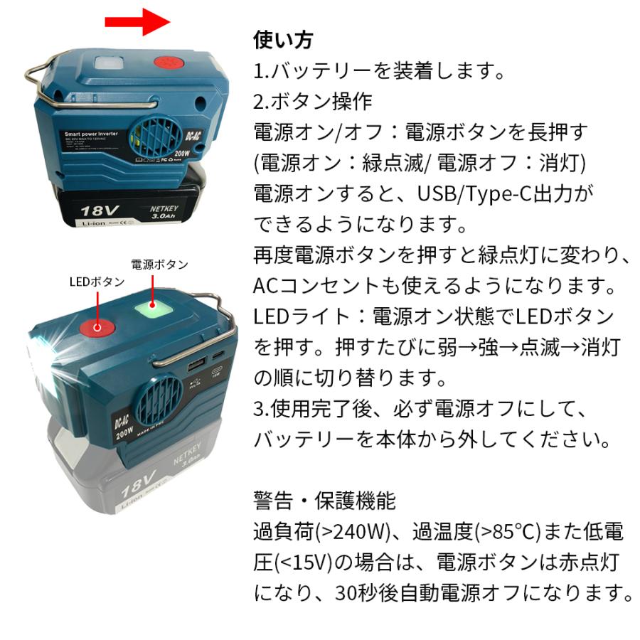 マキタバッテリー用インバーター ポータブル電源 200W DC18VからAC110V 