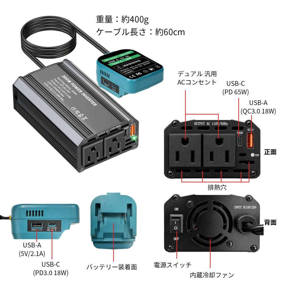 300W マキタ 18Vバッテリーインバーター ポータブル電源 ダブルAC