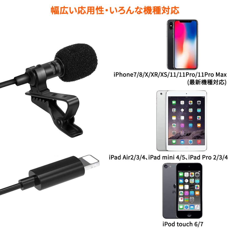 iphone用マイク Lightningクリップマイク コンデンサマイク 360°全方向集音 高感度 メタルクリップ 雑音防止機能 1.5m