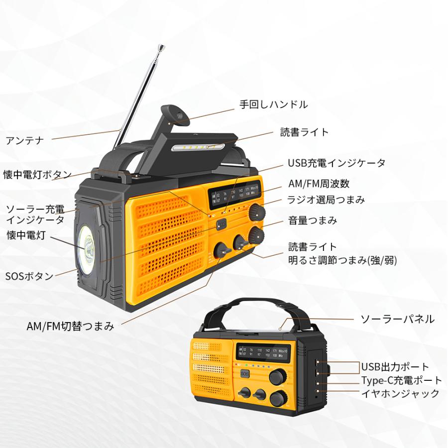 防災ラジオ 8000mAh大容量 FM/AM 懐中電灯/読書ライト SOS発信