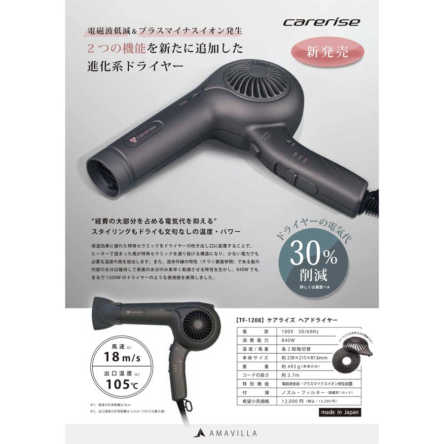 ケアライズ ヘアドライヤー TF-1208 電磁波低減 プラスマイナスイオン発生 遠赤外線 電気代削減 強 風速 高温度 送料無料 carerise AMAVILLA｜netsbee｜02