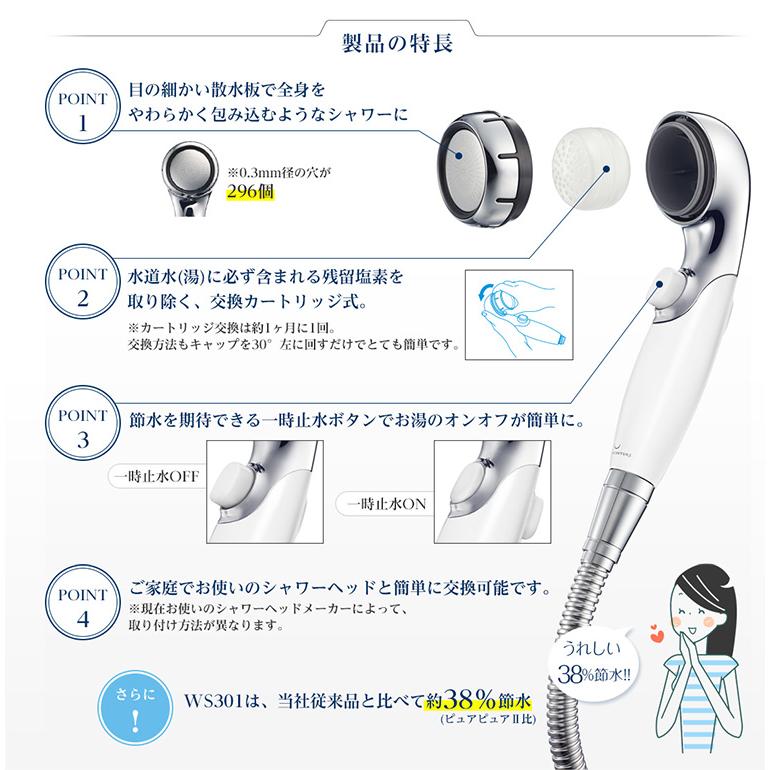 送料無料 選べる2色 ウォータークチュール 浄水シャワー WS301 ホワイト ブラック シャワーヘッド＋カートリッジ1個 三菱ケミカル クリンスイ 塩素除去 | クリンスイ | 03