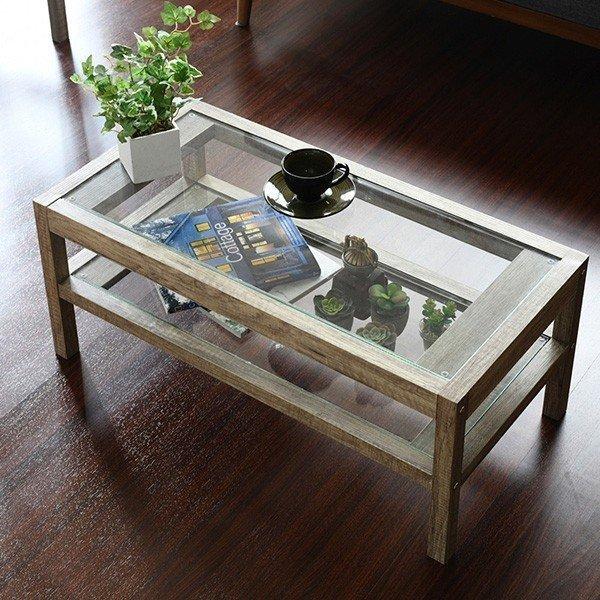 ガラステーブル おしゃれ センターテーブル ガラス 木製 棚付き テーブル 幅80 長方形 リビングテーブル ローテーブル 古木 アンティーク Faw 0004 インテリア家具のエッジーノイエ 通販 Yahoo ショッピング