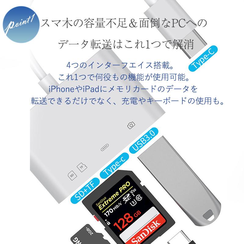 カードリーダー SDカード SDカードリーダー iPhone iPad type-c 4in1 USBメモリ カメラ データ 転送 充電 写真 移動｜netshopkai｜05