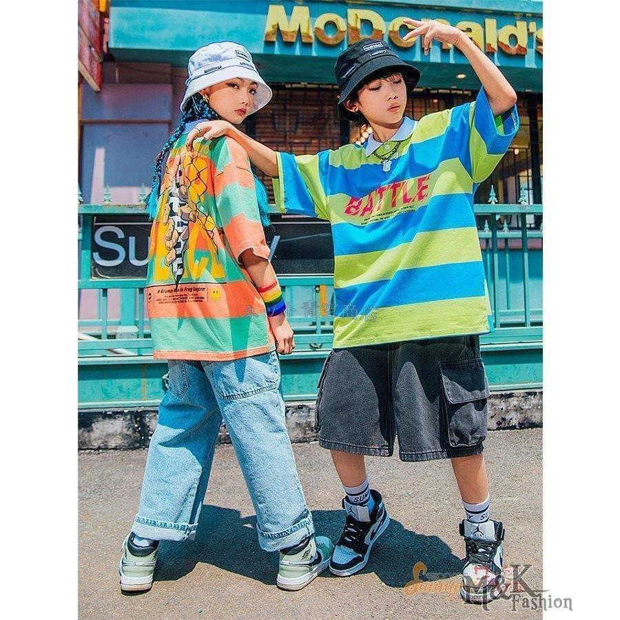 国内外の人気 ヒップホップ デニムパンツ ショートパンツ Tシャツ ポロ ストライプ 半袖 キッズダンス衣装 男の子 発表会 原宿 練習着 Hippop ステージ衣装 舞台服 女の子 レッスンウエア サイズ 130cm Pathwaysfl Org