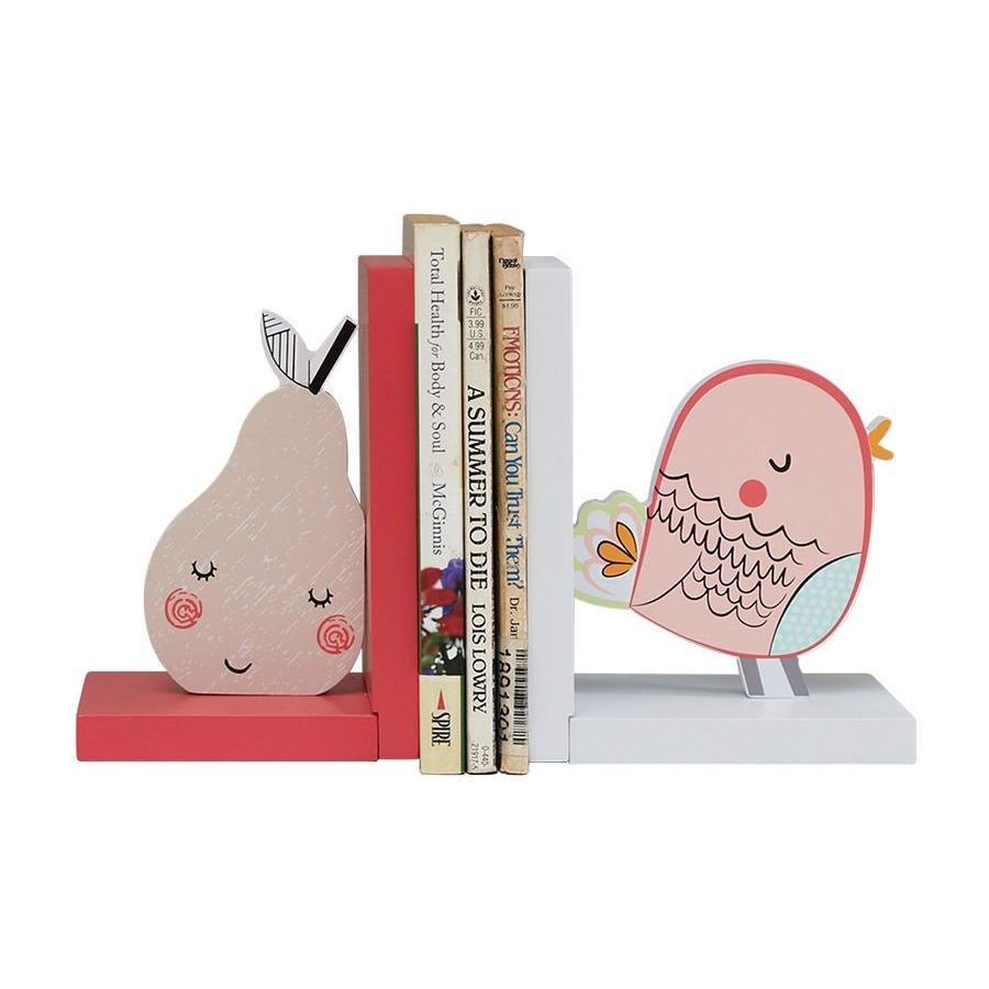 安価 ワタナベ 本立て おしゃれかわいい インテリア 2個セット 木製 アニメ風 目を閉じた小鳥と洋ナシ 置物 ブックエンド ブックスタンド オブジェ 机上アクセサリー Shilpakalavedika In