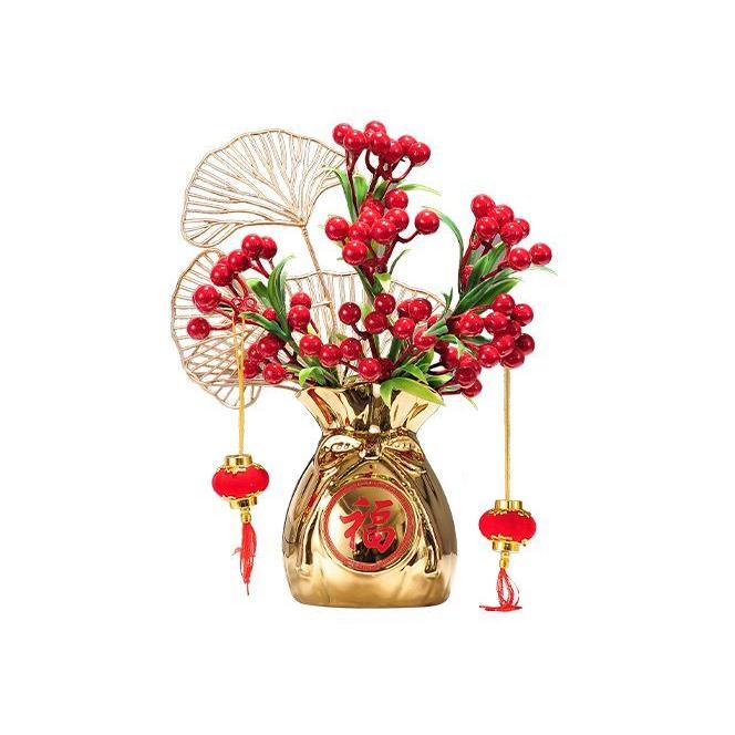 沸騰ブラドン 置物 金 陶器製 ぼんぼりの飾り付き イチョウ 南天 福文字 巾着袋型のフラワーベース オブジェ 置き物 Www We Job Com