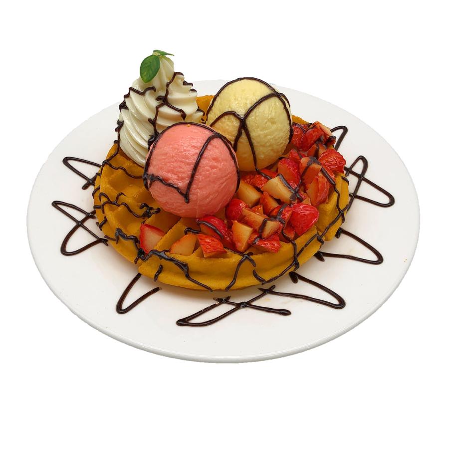 食品サンプル ワッフル アイス 生クリーム チョコレートソース添え 