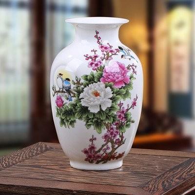 花瓶 中国伝統柄 景徳鎮 陶器製 回転式 台座付き (牡丹の花と小鳥 