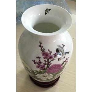 花瓶 中国伝統柄 景徳鎮 陶器製 回転式 台座付き (牡丹の花と小鳥 