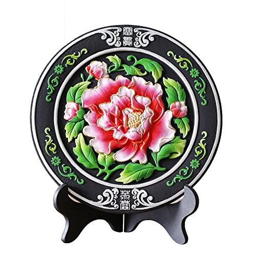 置物 飾り皿風 牡丹の花 デザイン 中国的 スタンド付き (レッド)｜neustadt