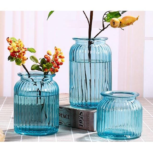 定番のお歳暮 冬ギフト フラワーベース 3サイズセット ブルー 麻ひも付き 筒型 ガラス製 レトロ風 シンプル 花瓶 花瓶 花器