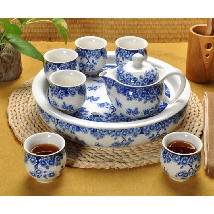 茶盤 中国茶道具 美しい白と青 丸型 陶器製 (山水画)