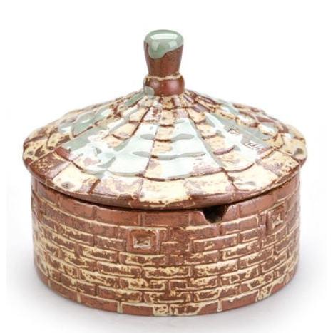 灰皿 土楼モチーフ 中国建造物 蓋付き 陶器製 (ベージュ)