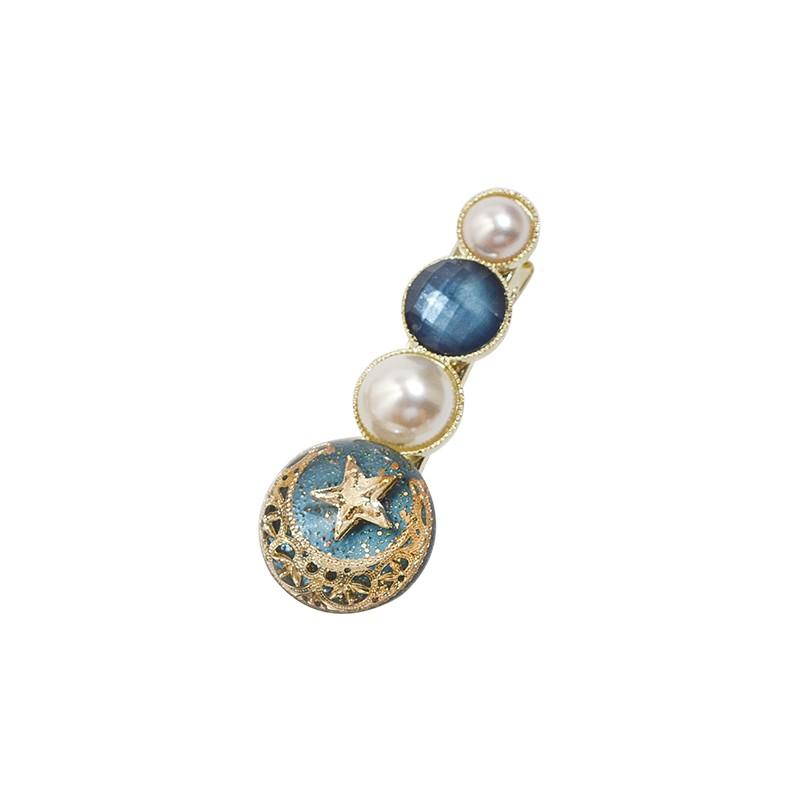 ヘアクリップ 4個の丸い飾り 月と星 パール風飾り 天然石風ストーン (ブルー)