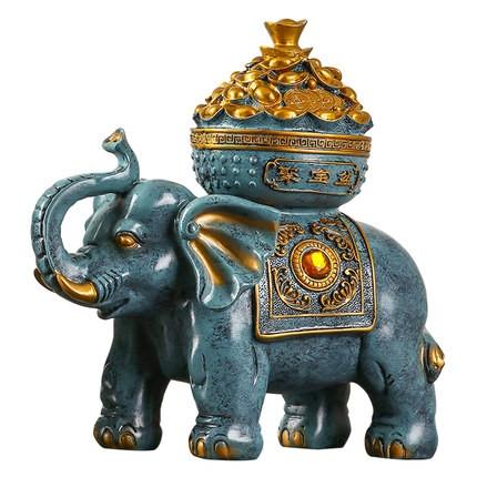 置物 背中に縁起物を乗せたゾウ 神秘的なブルー×ゴールド (壺)