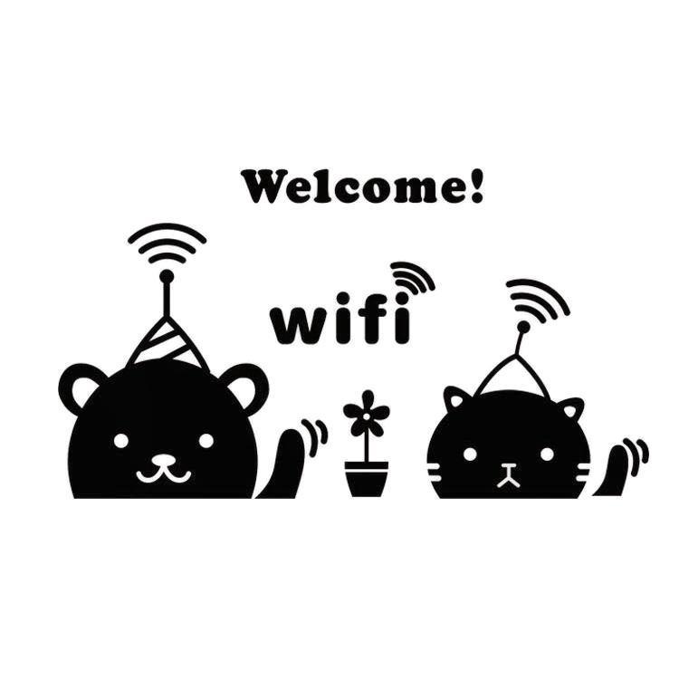 ステッカー Wi-Fi Welcome! 手を振るかわいいクマとネコ 1枚｜neustadt
