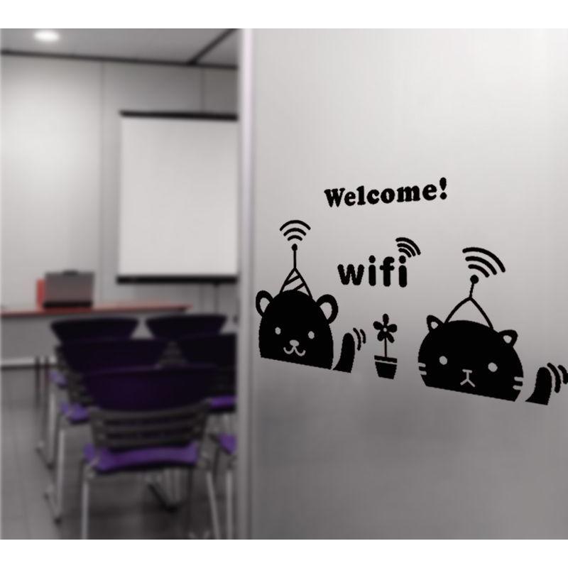ステッカー Wi-Fi Welcome! 手を振るかわいいクマとネコ 1枚｜neustadt｜03