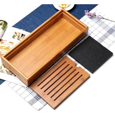 即納最大半額茶盤 中国茶道具 竹製 長方形 プレート付き (黒) コーヒー