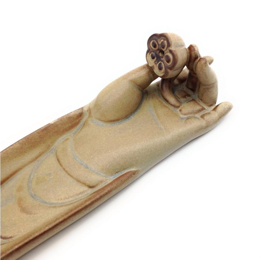 お香立て 香炉 蓮の実を持つ仏様の手 和モダン風 陶磁器製 リラックス アロマ