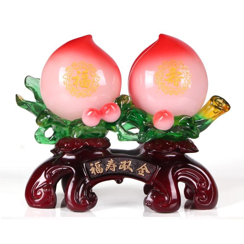 置物 2つの大きな桃とミニ桃 福寿の文字入り 台座付き 中国風 縁起物｜neustadt