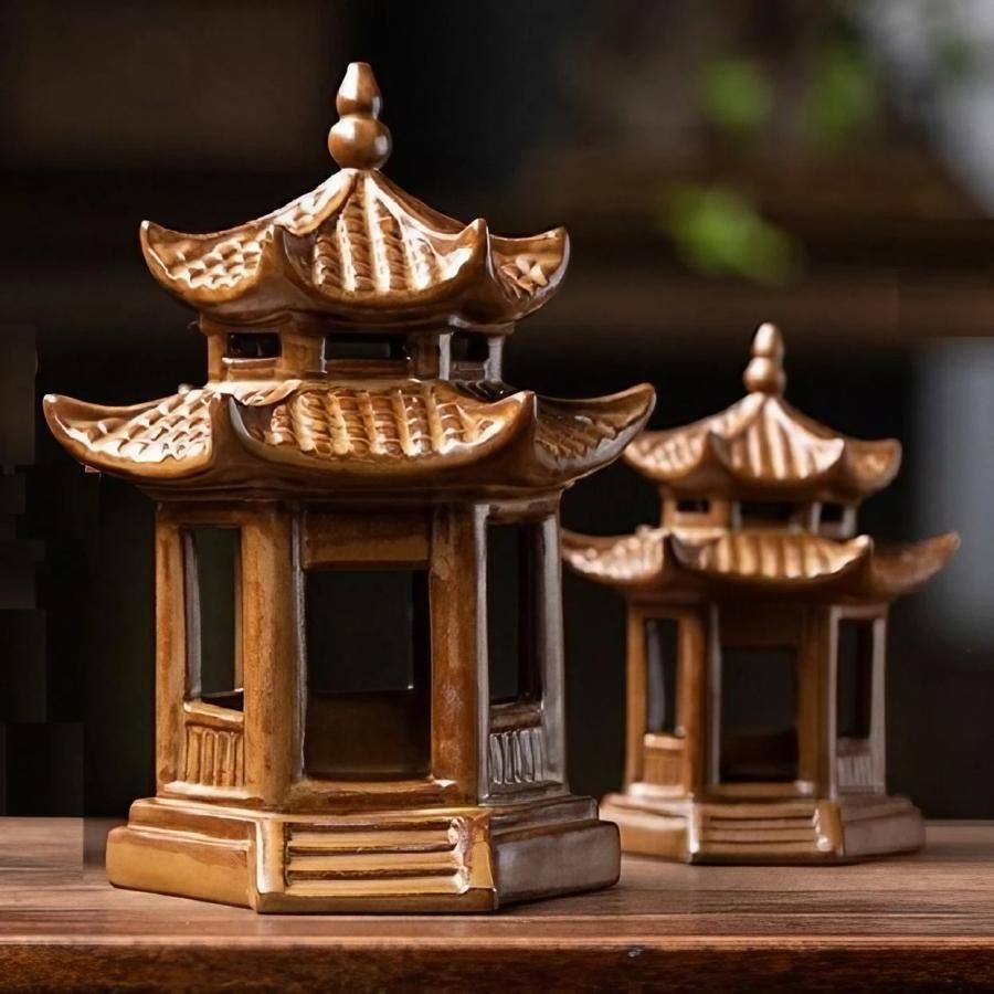 置物 ガーデンオブジェ 六角亭 中国風 陶磁器 (ブラウン×大 置物 ガーデンオブジェ 六角亭 中国風 陶磁器 (ブラウン×大