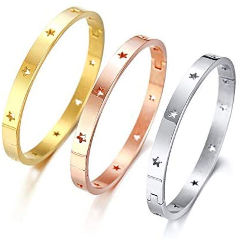 Rockyu ジュエリー 人気ブランド バングル レディース ゴールド ステンレス 星 腕輪 スター 透かし レディースブレスレット セレブ 激安先着