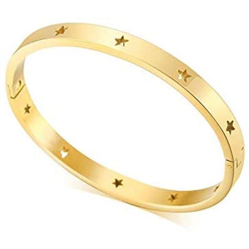 Rockyu ジュエリー 人気ブランド バングル レディース ゴールド ステンレス 星 腕輪 スター 透かし レディースブレスレット セレブ 激安先着