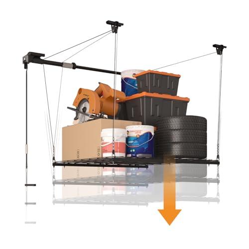 EShelf 4x4ft Overhead Garage Storage Rack – 300 Lb Capacity, Hand Crank Or Drill Operation, 79" Lift Range, Double Rope Safety – Ceiling Mount For Kayaks, Ladders, Seasonal Items