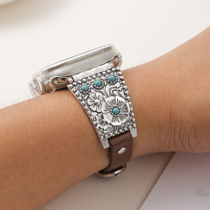 【並行輸入品】 ADAJURI Boho Vintage Antique Turquoise Leather Strap Watchband C_2