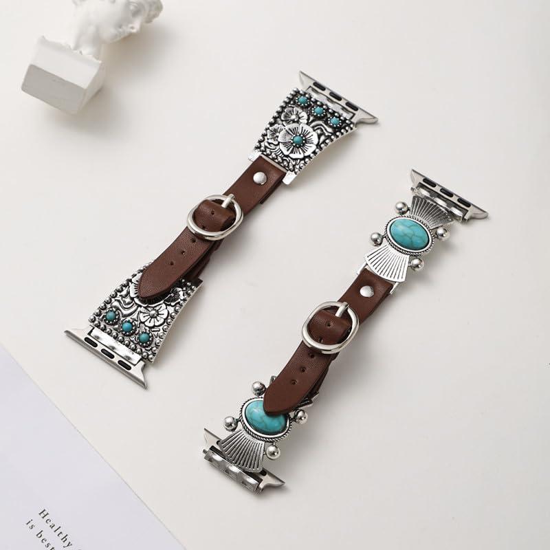 【並行輸入品】 ADAJURI Boho Vintage Antique Turquoise Leather Strap Watchband C_9