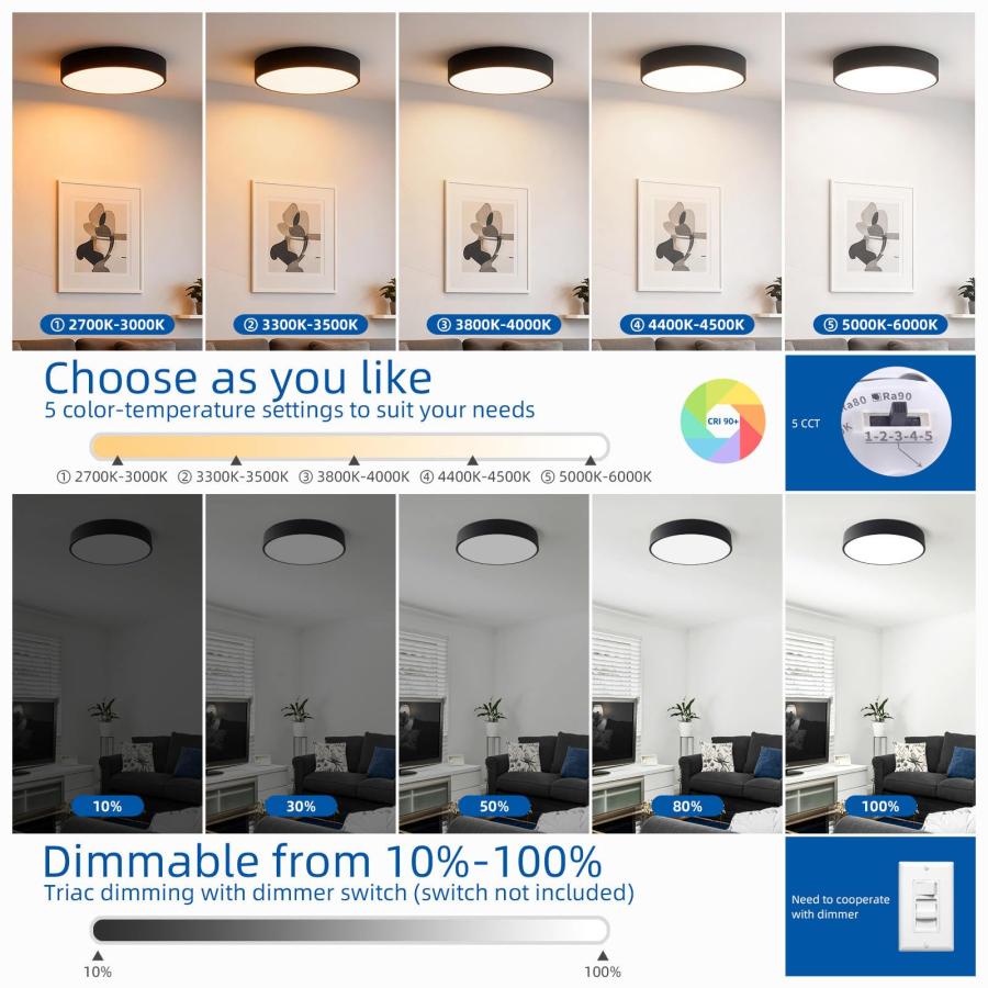 【並行輸入品】 LELEJU LED Ceiling Light， Black 15.75 Inch， 36W 5CCT 2700K 6000K_3