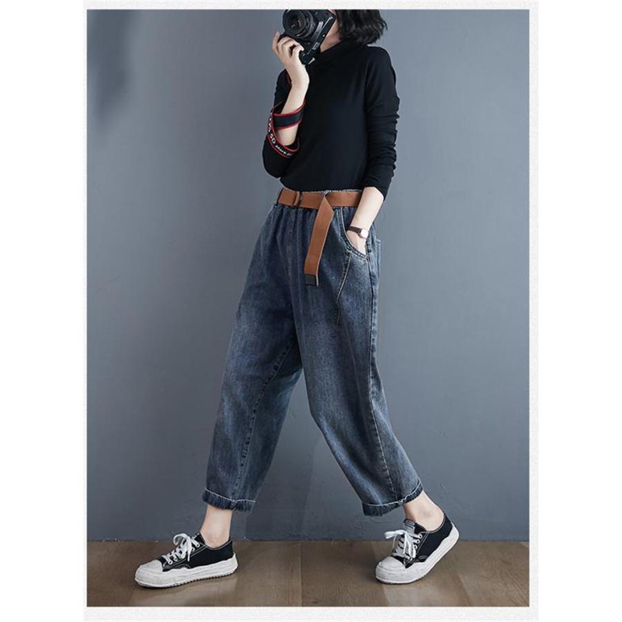デニムテーパードパンツ レディース 九分丈 ボトムス ウエストゴム 