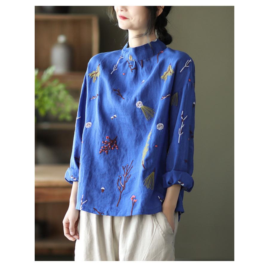 シャツ レディース トップス 花柄 長袖 刺繍 立ち襟 着まわし 春 シャツ レディース トップス 花柄 長袖 刺繍 立ち襟 着まわし 春