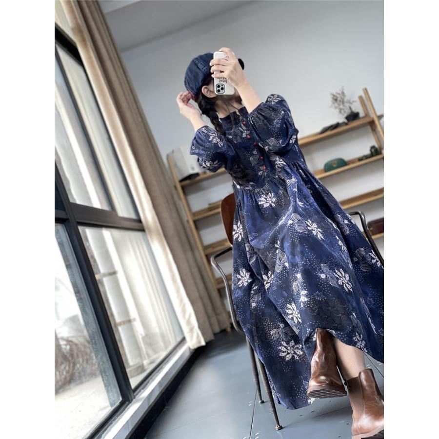 ワンピース レディース 春夏 綿麻シャツ ロング丈 花柄 ワンピース レディース 春夏 綿麻シャツ ロング丈 花柄