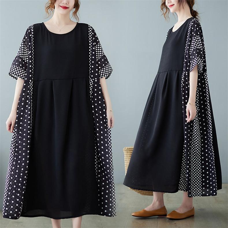 シャツワンピース レディース 春夏 トップス 丸首 切り替え フレアワンピ 半袖 Aライン ドット柄 自然に体型カバー 大きいサイズ 楽チン 100 安い