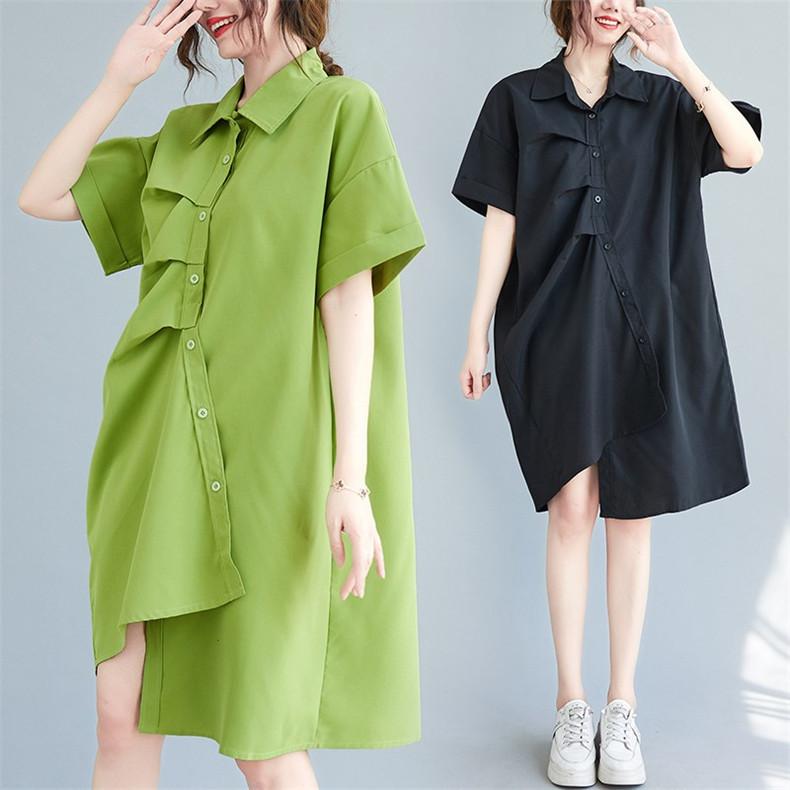 シャツワンピース 個性的 レディース ロングシャツ 半袖 黒 無地 不規則 前後差 さりげなく体型カバー きれいめ 大人カジュアル お洒落 新しい到着