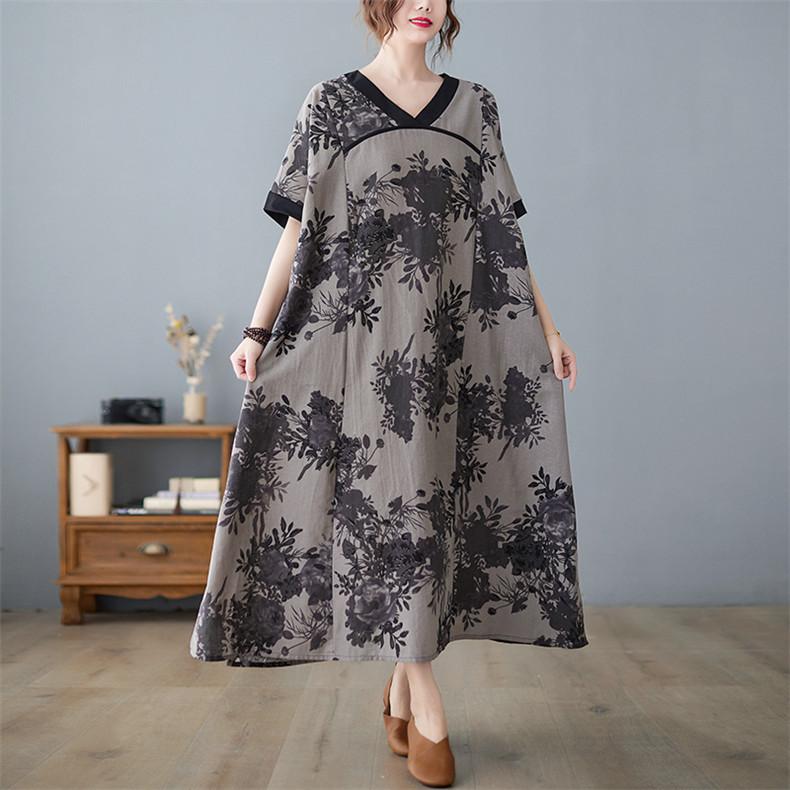 ワンピース ワンピ ロング丈ワンピース レディース マキシ丈 ロング丈 Vネック 半袖 花柄 A