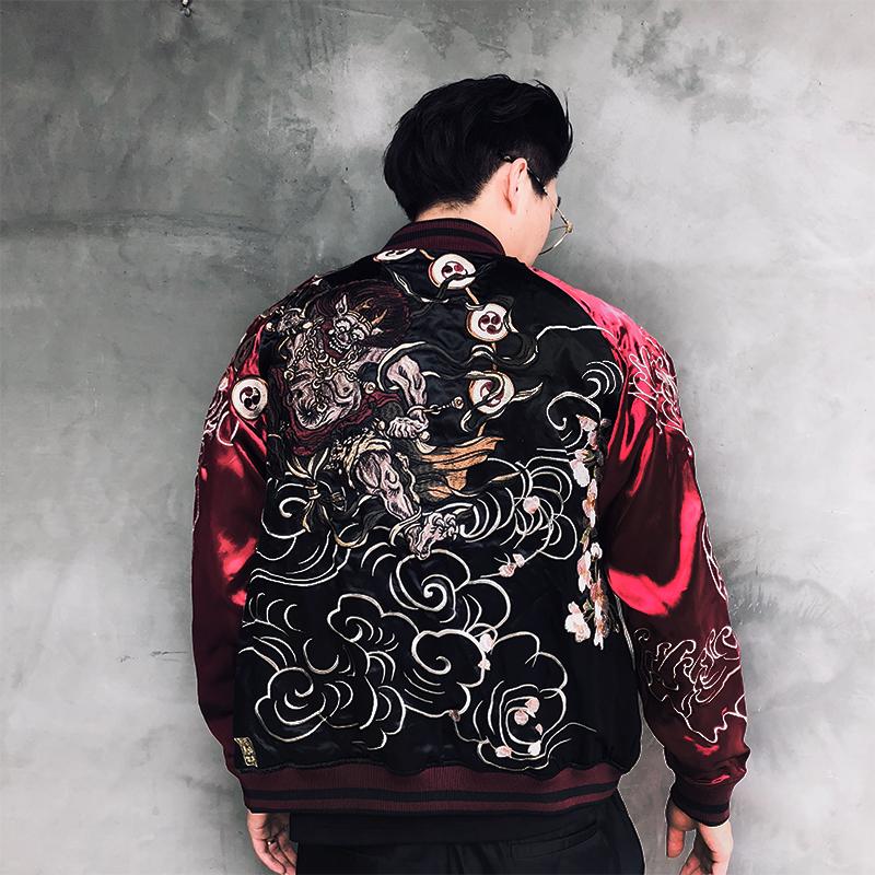 ヨコスカ] 男女兼用 雷神・風神刺繍スカジャン 横須賀 刺繍 金線 銀線