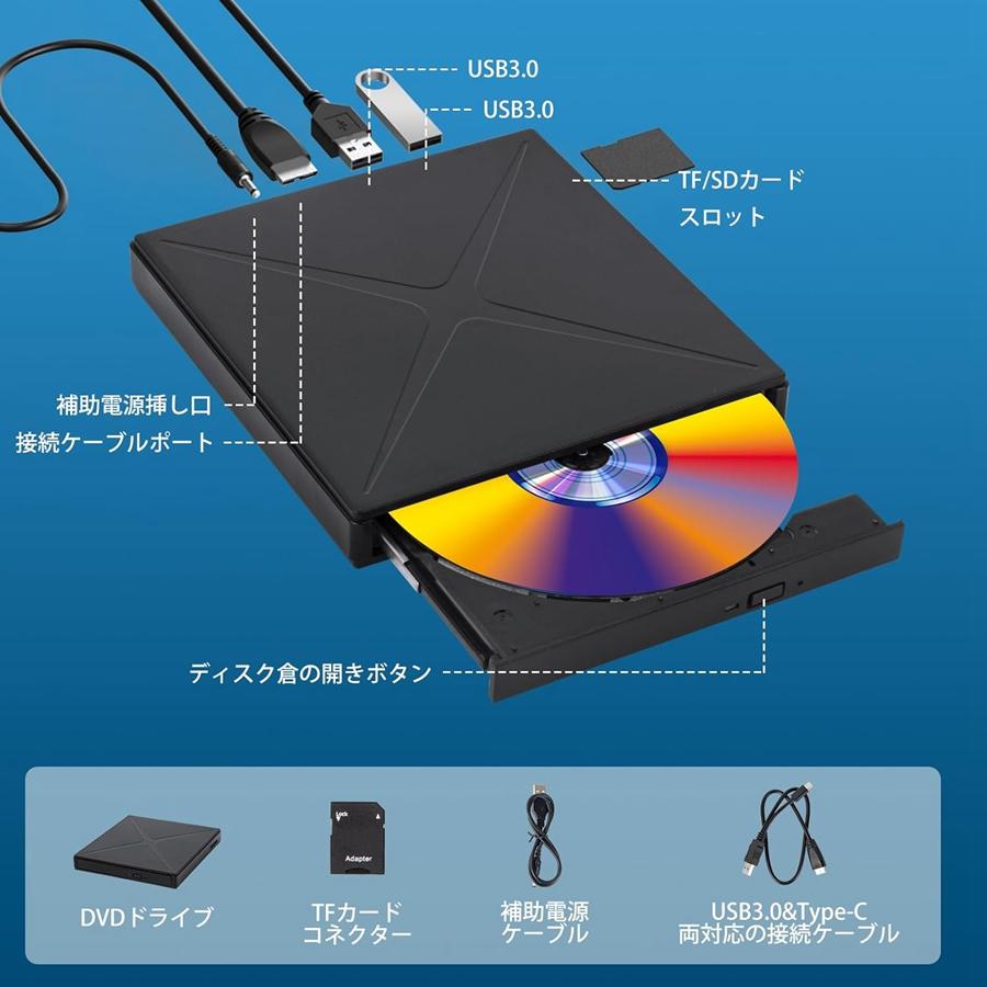 DVDドライブ 外付け CDドライブ USB3.0 Type-C ポータブル