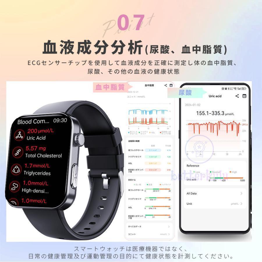 スマートウォッチ 日本製センサー 血糖値 血圧測定 心電図 通話 心拍数 24時間健康管理 睡眠管理 着信通知 尿酸 血中酸素 SOS機能 計歩 呼吸 体温 プレゼントの画像