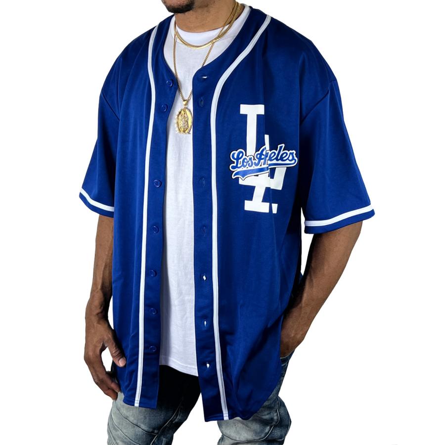 LA Dreamz ベースボールシャツ 青 ブルー白 ホワイト メンズ トップス はおり ストリート 大きい ルーズ js78 js78