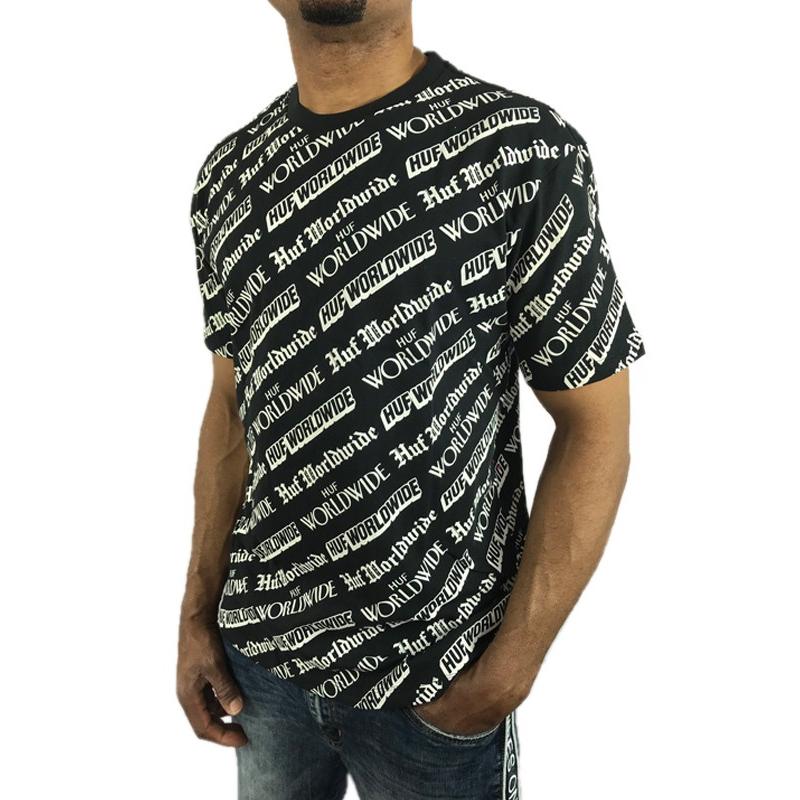 HUF ハフ Tシャツ Fake news フェイクニュース ロゴ 総柄 半袖 メンズ トップス 黒 ブラック●tsa355｜neweditionhiphop｜02