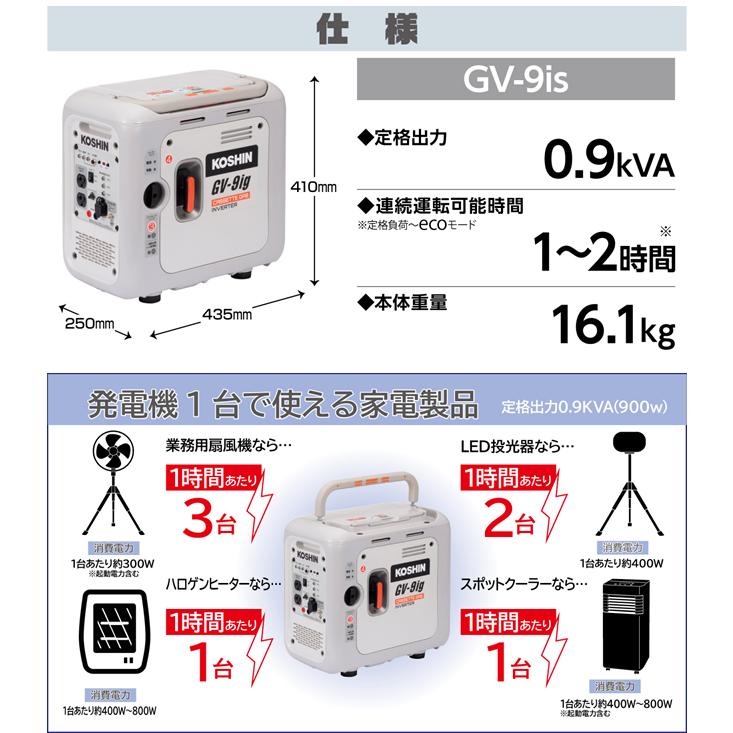 工進 コーシン カセットガス式 インバーター発電機 900W GV-9IG＜代引不可＞｜newfrontier｜03