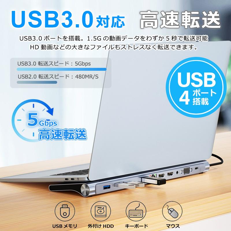 USB ハブ スタンド 11ポート USB拡張 hdmi vga PD充電 SD/microSD LAN USB-C type-c 対応 USB3.0 変換 Macbook Windows ノートPC｜newidea｜06