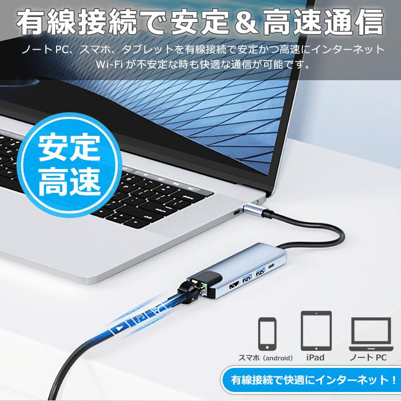 USBハブ 5ポート USB拡張 4K HDMI PD充電 hub USB-C USB3.0 変換 有線 LAN 接続 アダプター スマホ Macbook Windows ノートPC｜newidea｜04