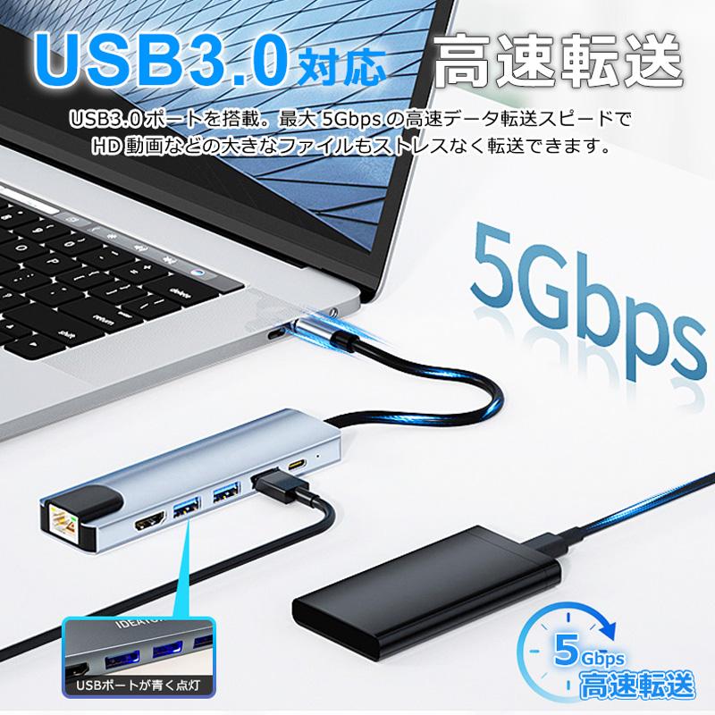 USBハブ 6ポート USB拡張 4K HDMI PD充電 LAN hub USB-C USB3.0 変換 有線LAN 接続 アダプター スマホ Macbook Windows ノートPC｜newidea｜07